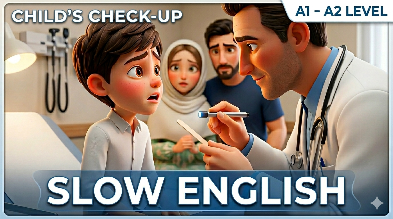 easy english listening story, shadowing practice, englis conversation at the doctor